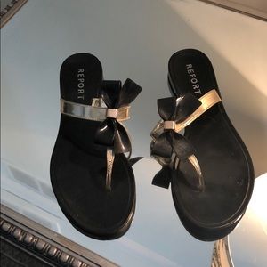 Black and gold bow sandals